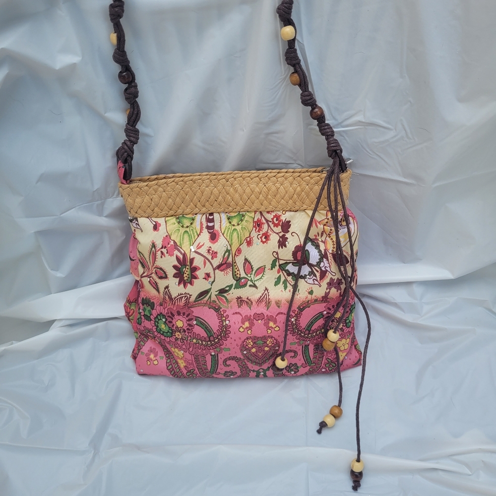 Cappelli Straworld Pink & Raffia Boho Ruffle Crossbody Purse - Picture 4 of 16
